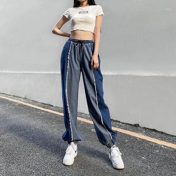 

street style retro high waist contrast color patchwork straight pants lace up drawstring loose jeans for women1, Blue