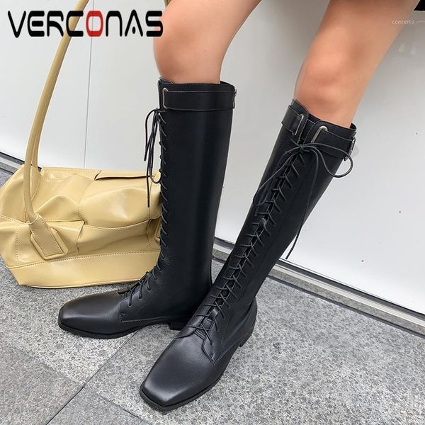 

verconas fashion cross-tied knee-high boots for women genuine leather shoes woman autumn winter new square toe zipper long boots1, Black