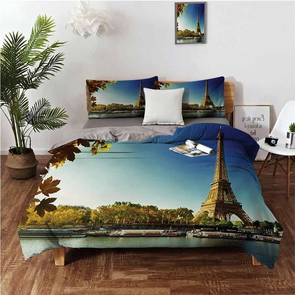 

seine in paris with eiffel tower autumn leaves riverside scenerybedding 3-piece set