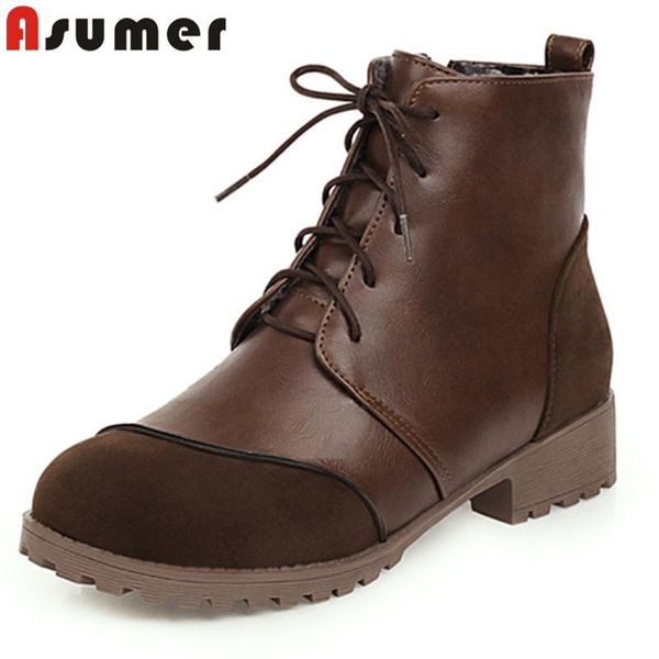

boots asumer 2021 big size 34-43 low heel casual shoes women ankle flock +pu lace up comfortable autumn winter woman, Black