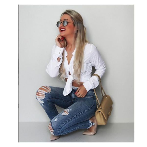 

plus size women ripped jeans high waist jeans elastic fashion femme light washed casual skinny pencil pants lady spring, Blue