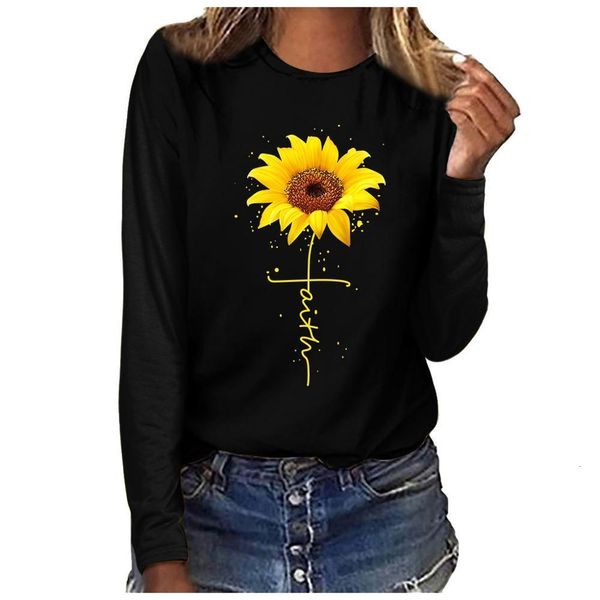 

womens blouse casual sunflower print shirts fashion elegant o-neck long sleeve loose shirt blouse haut femme #n, White