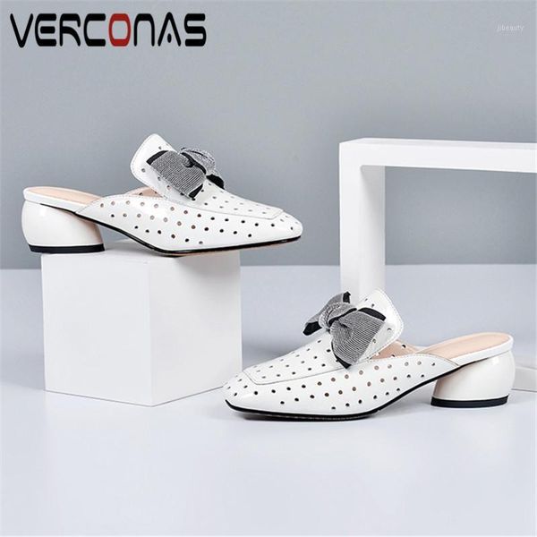 

verconas 2020 mules woman sandals woman pumps classic design genuine leather butterfly knot square toe round heeled shoes1, Black