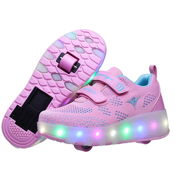 

new pink blue red usb charging fashion girls boys led light roller skate shoes for children kids sneakers with two wheels, Black