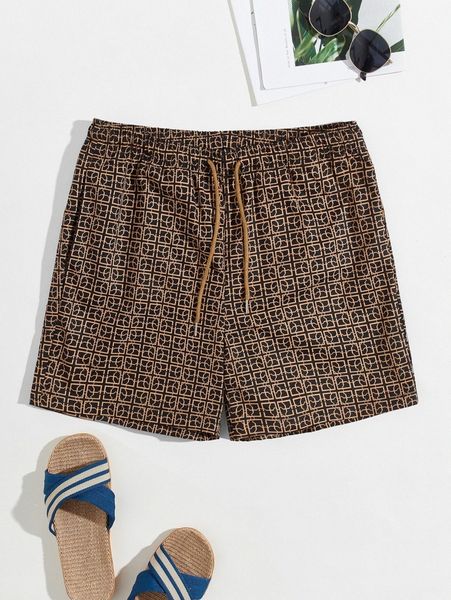 

men geo print drawstring waist shorts m8vk#, Black