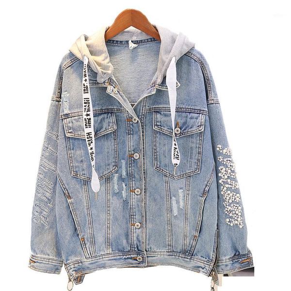 

embroidery detachable hood denim jacket spring autumn winter femeal jean coat vintage coat female loose streetwear1, Black;brown