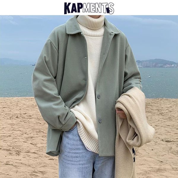 

men's wool & blends kapments men harajuku pocket button coats 2021 winter mens jacket korean fashions trench coat male casual vintage j, Black