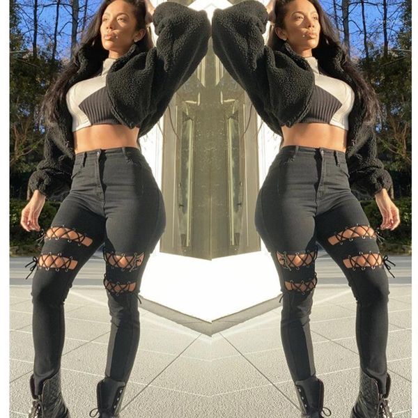 

women's jeans high elastic women solid hollow out streetwear 2021 spring test waist skinny lace-up denim pencil pants1, Blue