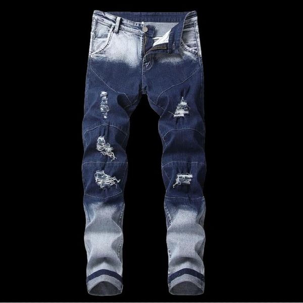 

2021 new ripped men patchwork hollow out beggar cowboys demin pants male gradient color jeans, Blue
