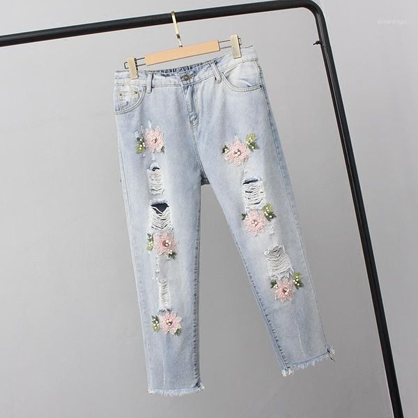 

2019 women elegant denim pencil skinny jeans female fashion plus size floral crochet hollow-out jeans fashion harlem capris1, Blue