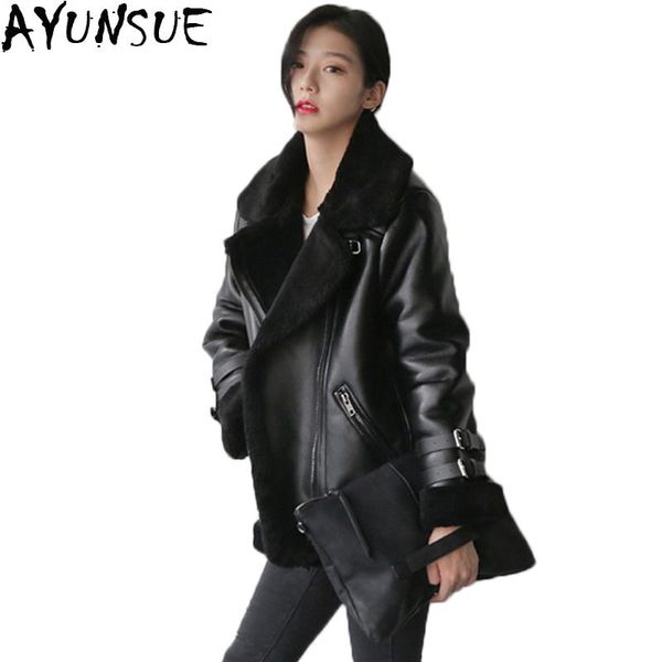 

ayunsue new brand 2021 motorcycle pu leather jacket women winter autumn warm faux leather overcoat plus size outwear lx1147, Black