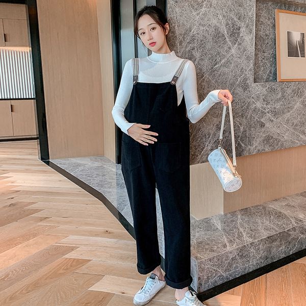 

1966# autumn winter knitted shirt + black maternity bib pants jumpsuits sets clothes for pregnant women pregnancy overalls suit lj201125, White