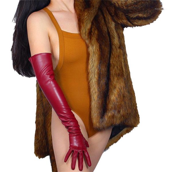 

super long leather gloves 60cm over elbow simulation leather imitation sheepskin pu deep wine red crimson push601, Blue;gray