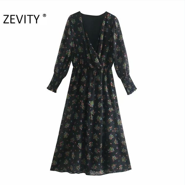 

zevity autumn women fashion v neck floral print office chiffon midi dress new ladies chic long sleeve brand party vestido lj201203, White;black