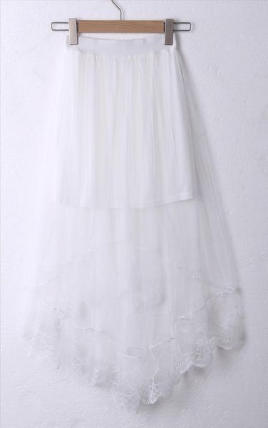 

new fashion women long lace slip skirt extender high waist mesh skirts perspective overskirt, Black