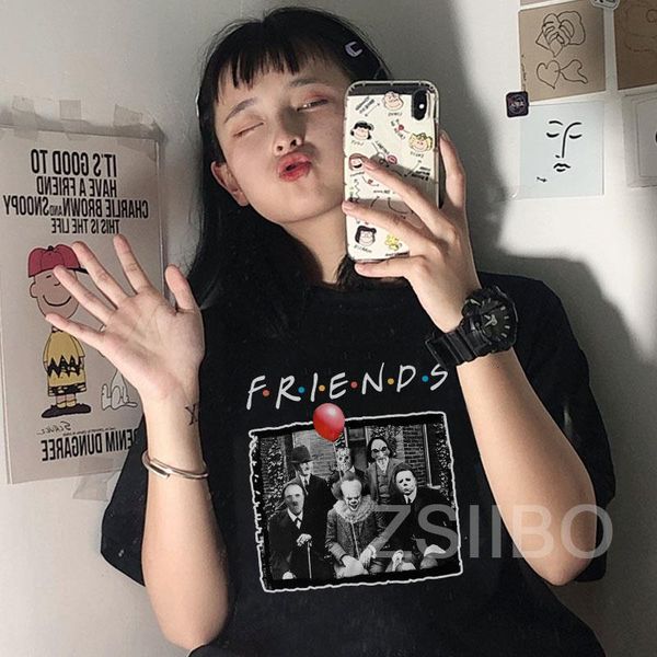 

penny wise michael myers jason horror character women casual clothing clown terror halloween friends tv show print t-shirt, White