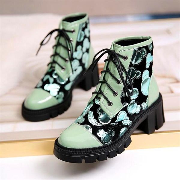 

winter ladies bear sequins personalized decoration lace-up high-heeled shoes thick-soled fashion short boots, Black