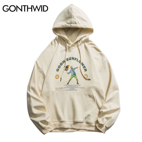 

gonthwid funny van gogh sunflower print hooded sweatshirts hoodies streetwear men hip hop casual pullover hoodie hipster c1011, Black