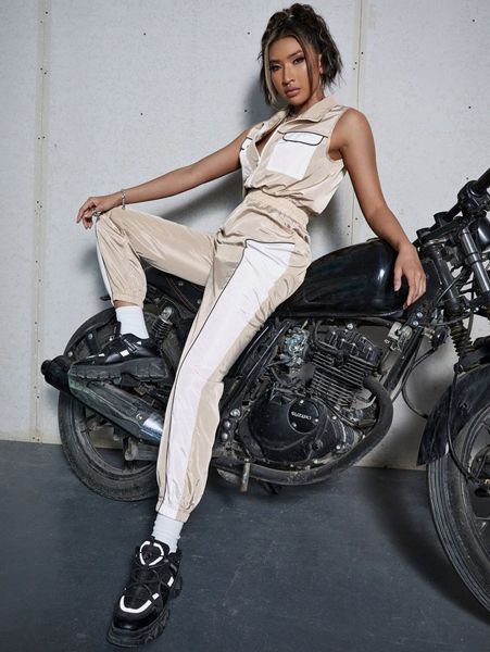 

colorblock flap pocket jumpsuit x2jy#, White