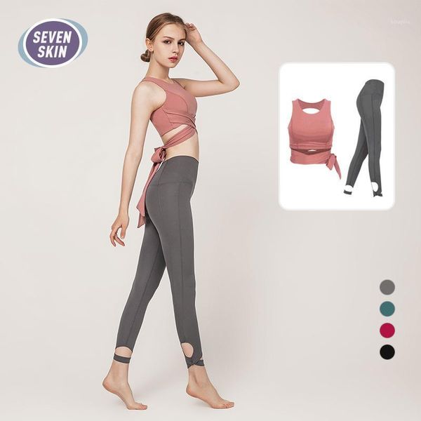

yoga outfits seven skin women seamless set backless sports suits aerial cloth two-piece high waist running leggings+yoga shirt1, White;red