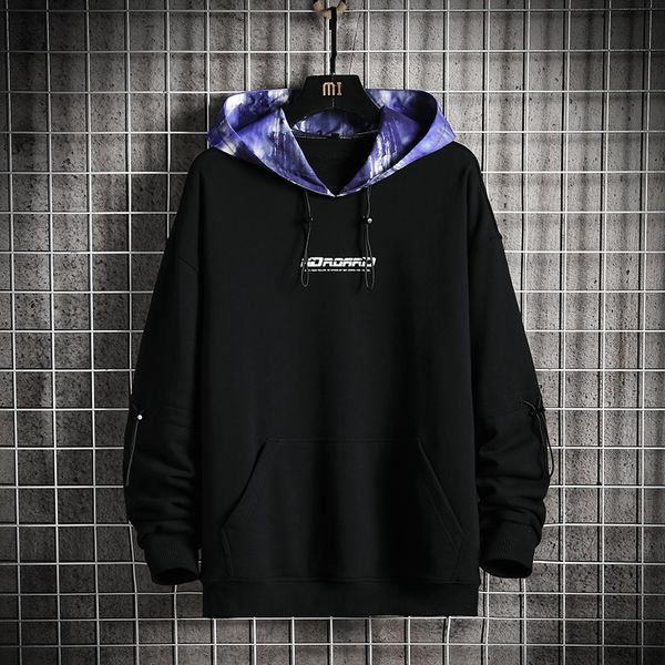

men's hoodie tie-dye hip hop patchwork o-neck long sleeves hoodies blouse hoodie male black white loose casual sweatshirts kg-62