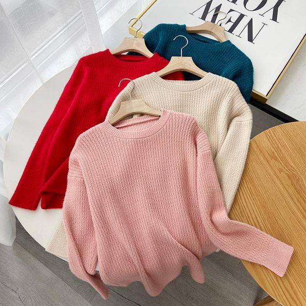 

women sweater cable strand solid base shirt basic knitted o-neck sweater, White