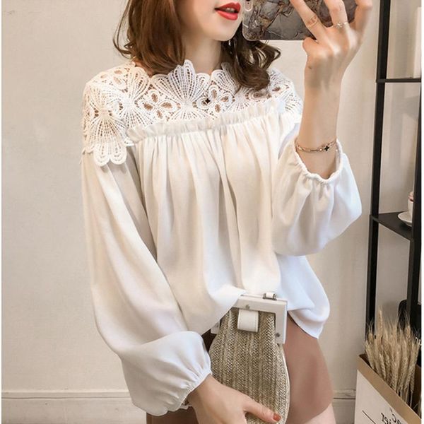 

2021 new fashion women lace blouse office ladies work wear pullover long sleeve elegant white chiffon blouse shirts