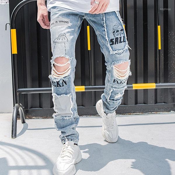 

2020 reflective men skinny ripped jeans vintage biker jogger distressed hole baggy denim slim fit casual pants hombre1, Blue