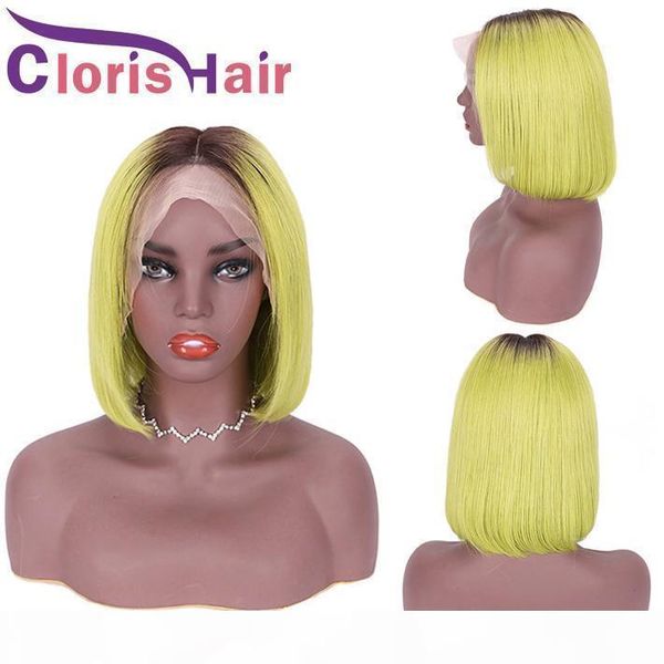 

150% pixie cut human hair rose neon colored malaysian remy straight bob wig pre plucked 13x4 ombre glueless lace front wigs for black women, Black;brown