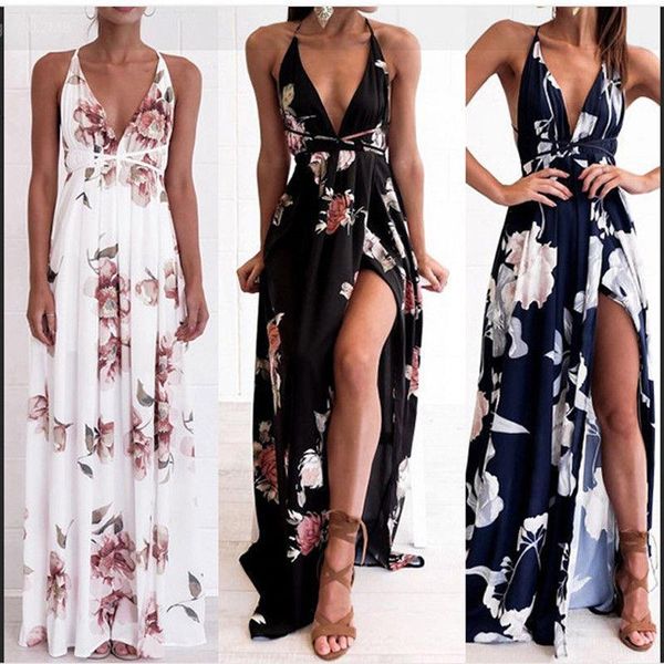 

fashion casual loose women floral long dress sleeveless evening deep v-neck halter neck party summer beach sundress clothes, Black;gray
