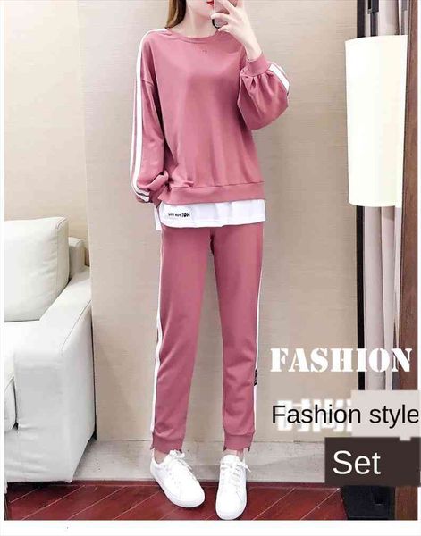 

fashion stitching womens korean style suit loose sweater and pants two-piece sets 2pcs women tracksuit, White