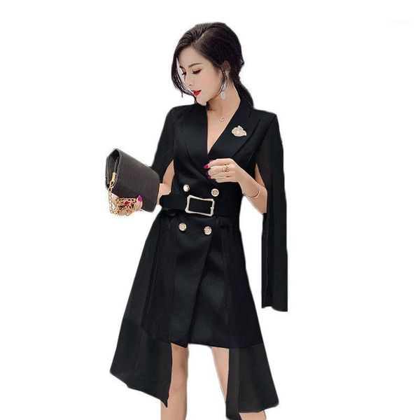 

cloak shawl fashion ladies blazer dress with belt suit jacket female 2020 new handsome korean long blazer jacket white f3731, White;black