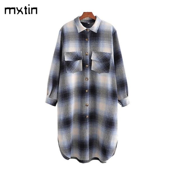 

стильные карманы негабаритные клетчатые куртки пальто женщины 2021 мода старинные отворотный воротник с длинным рукавом свободные длинные ве, Black;brown