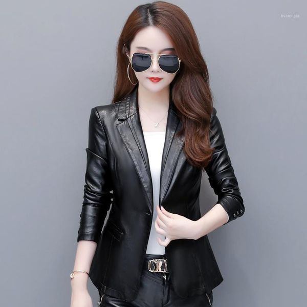 

2020 new women elegant leather blazers and jackets plus size 5xl fashion short slim female soft pu faux leather coats w14251, Black