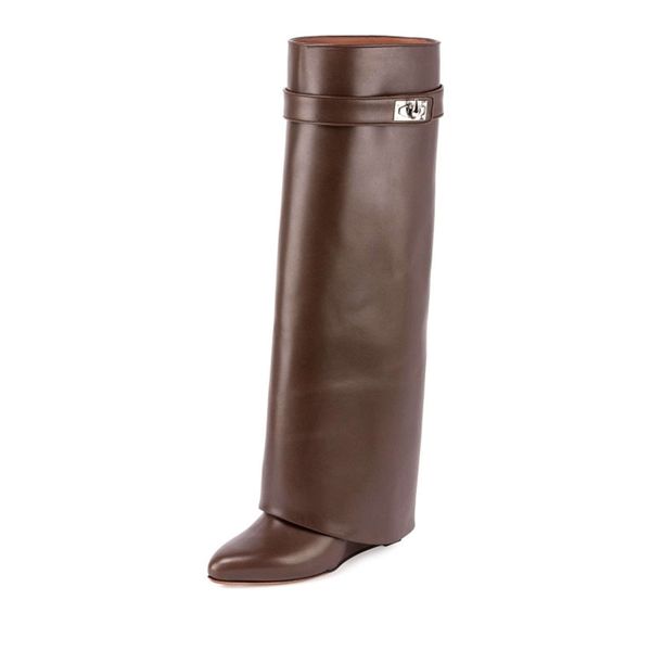 

autumn winter shark lock women wedge boots knee-high folding black heel boots pointed slip-on fold over lady motorcycle boots