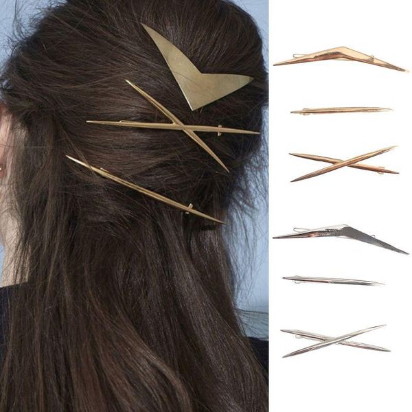 

3pcs/set womens minimalist frog bobby pins geometric triangle x-shape v-shape metal hair clips polished decorative barrette hair, Golden;silver