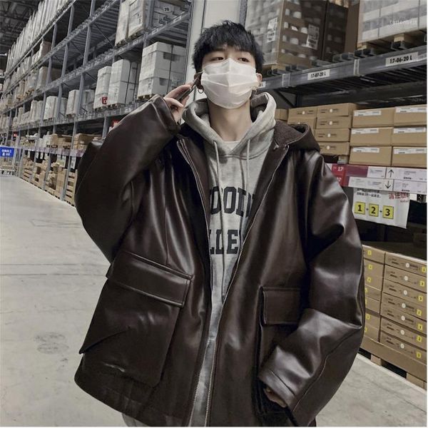 

men's down & parkas winter leather coat warm fashion parka men solid color casual hooded man loose thick jacket male clothes1, Black