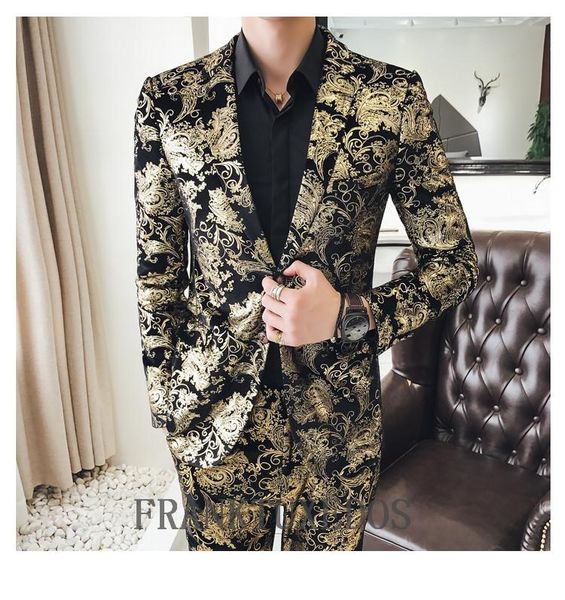 

men's suits & blazers 2021 luxury golden floral printed mens suit costume wedding dress terno blazer office party tuxedos (jacket+pants, White;black