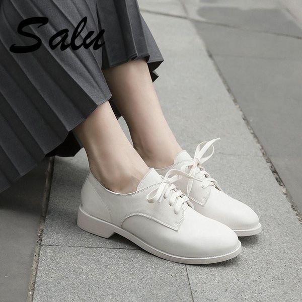 

salu 2020 genuine leather women pumps solid wedding shoes sandals slip on low heels round toe square heels shoes women, Black