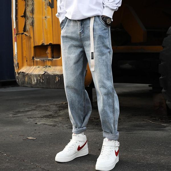

korean style fashion men jeans retro blue wide leg harem trousers streetwear vintage designer straight pants hombre