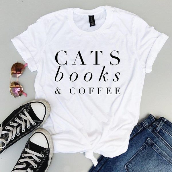 

cats books & coffee letters women tshirt cotton casual funny t shirt for lady yong girl tee drop ship s-205, White