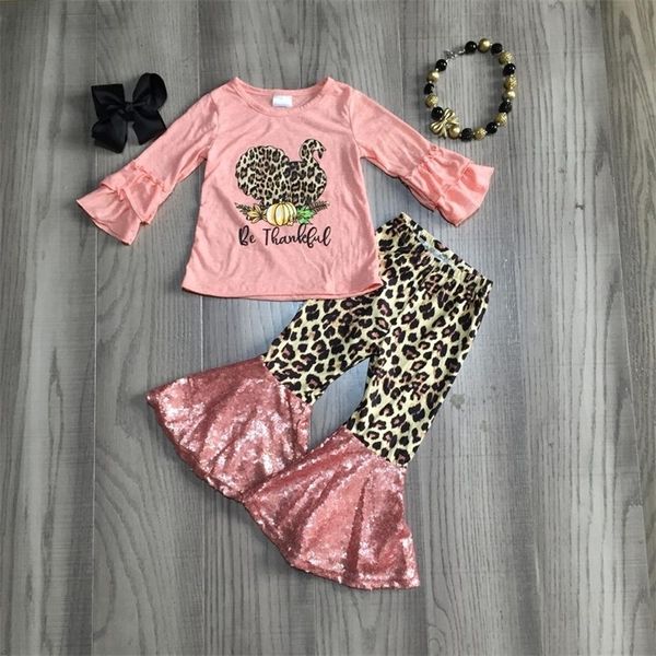 

girlymax fall/winter thanksgiving baby girls children clothes set coral leopard turkey sequins pants cotton match accessories 201126, White