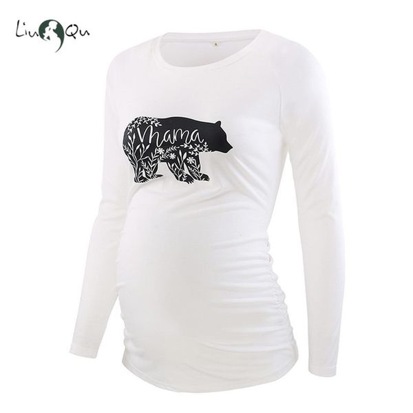 Mamãe grávida Mama Bear Preto / Branco Camisa Maternidade Roupas Longo Manga Lado Ruched T-shirt Maternidade Túnica Casual Tops LJ201120