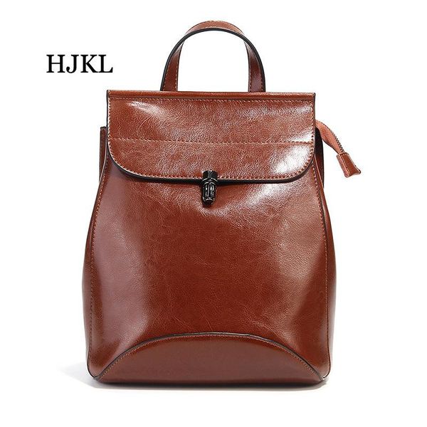 

women oil wax genuine leather fashion oil wax cowhide lock travel backpack