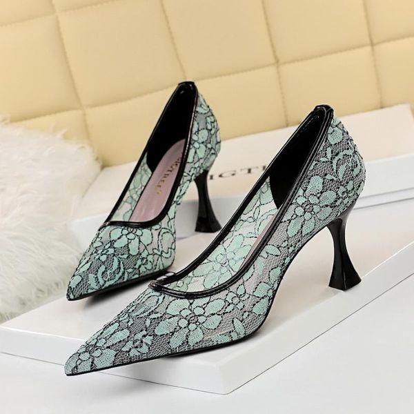 

dress shoes bigtree brand heels pumps cat heel pointed head reticulate lace hollowed out women fashion woman, Black
