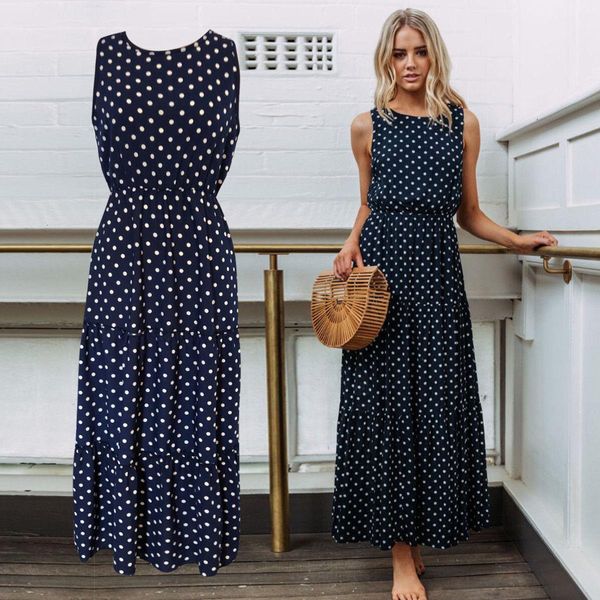 

summer bohemian sweet causal women ladies dress sleeveless dot print blue high waist ankle-length dress sundress, Black;gray