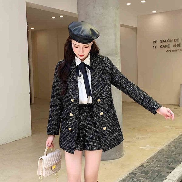 

two piece dress autumn bright wire tweed 2 set women turndown collar double-breasted suits coat + waist shorts suit rehk, White
