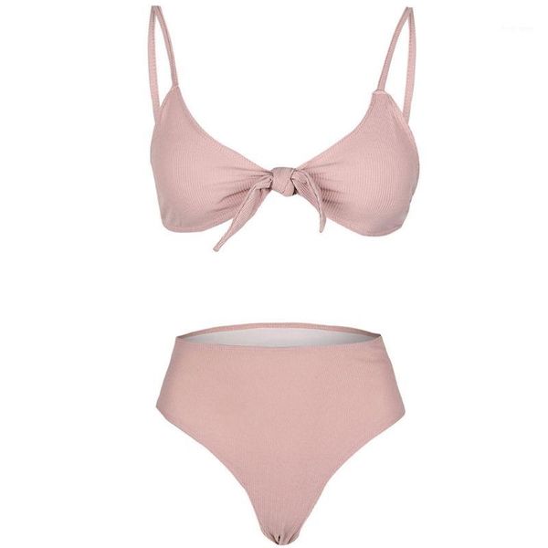 

womens tie knot front high waist thong bandage 2pcs bikini sets beachwear1, White;black