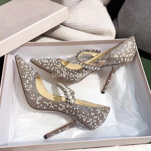 

new luxury style women shoes high heels crossover strap cover pearl crystal pointed toe women pumps bridal shoes wedding, Black