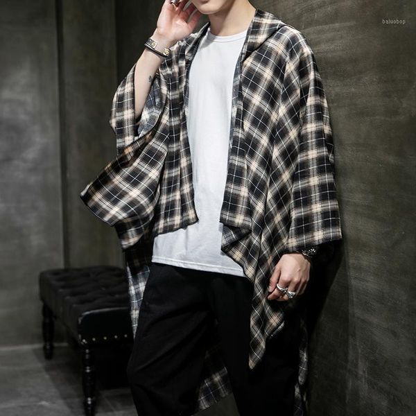

2020 men's new spring plaid shirt medium length cape cardigan fashion long sleeve kimono comfortable leisure men casual wear1, White;black